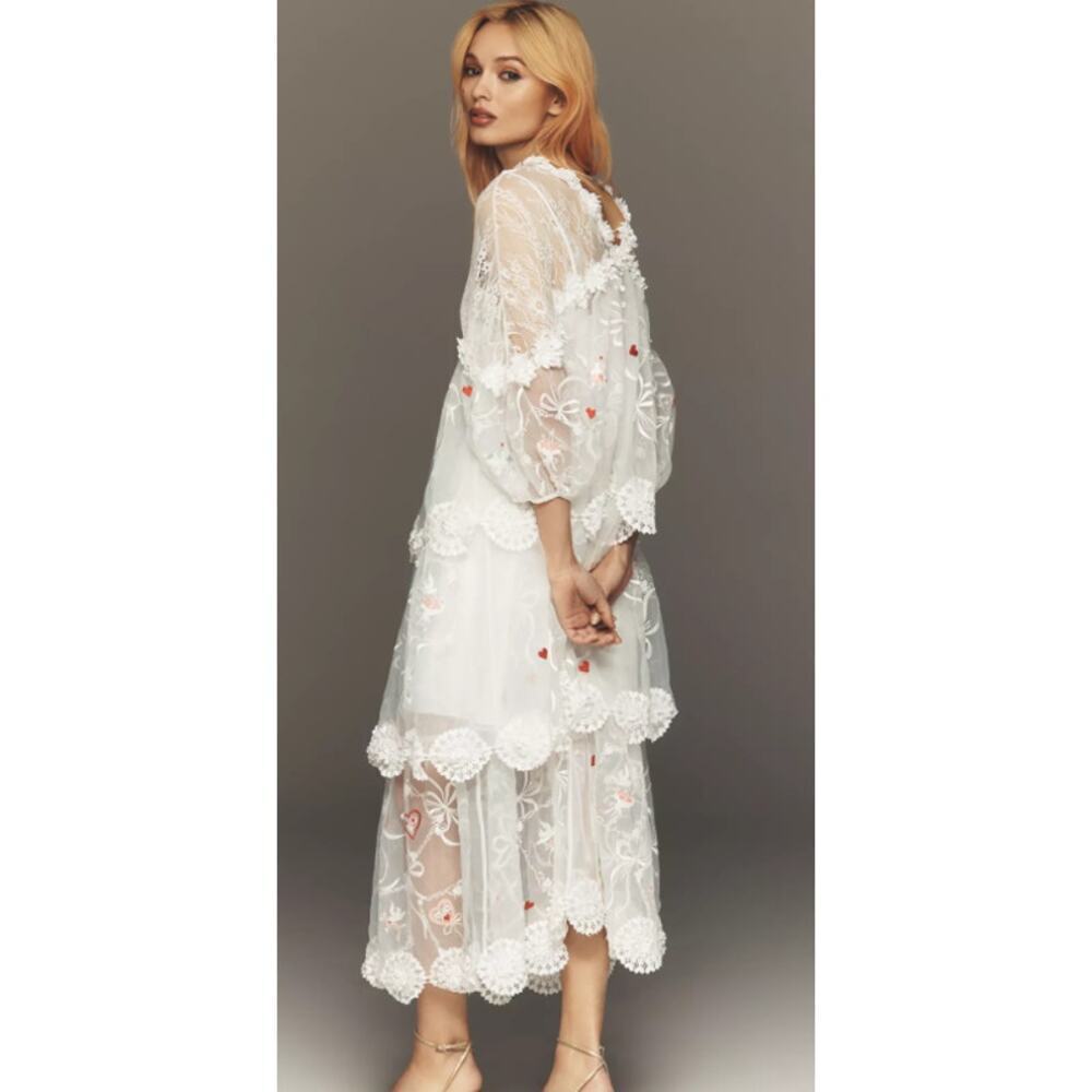 Maeve Sheer 3D Floral V-Neck Maxi Dress Ivory Pink & Red Hearts Sz Small NWT